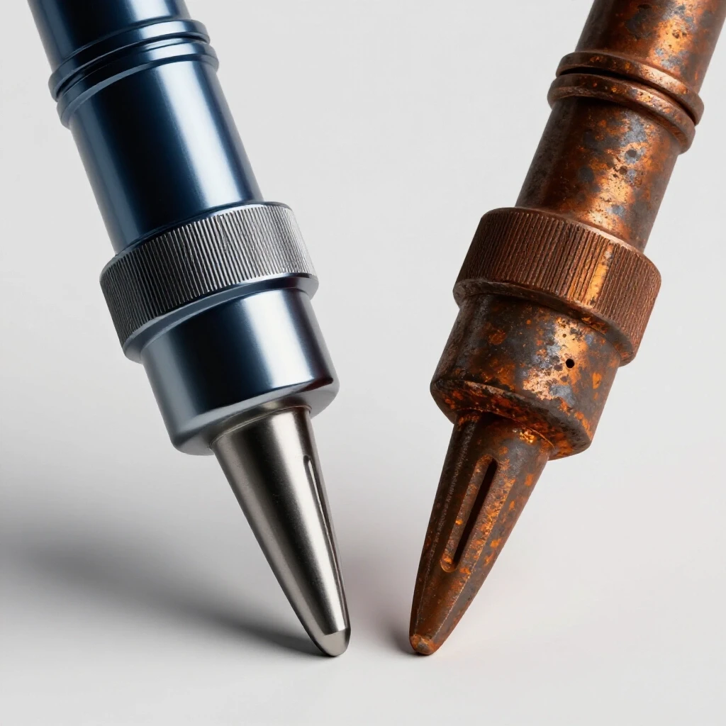 A shiny MIG welder contact tip alongside a rusty one, showcasing the contrast of maintenance and wear.