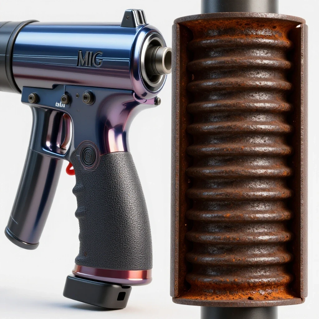 A shiny MIG gun beside a clogged liner, showcasing vibrant metallic and dull rusty colors in a bright background.