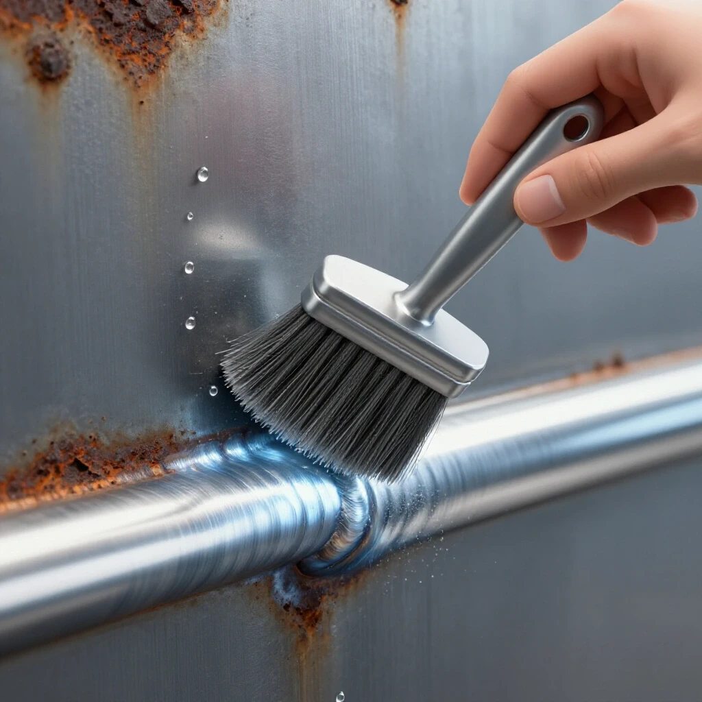 A hand applying cleaning solution to a stainless steel weld, showcasing the transformation from dull to polished against a rusty background.