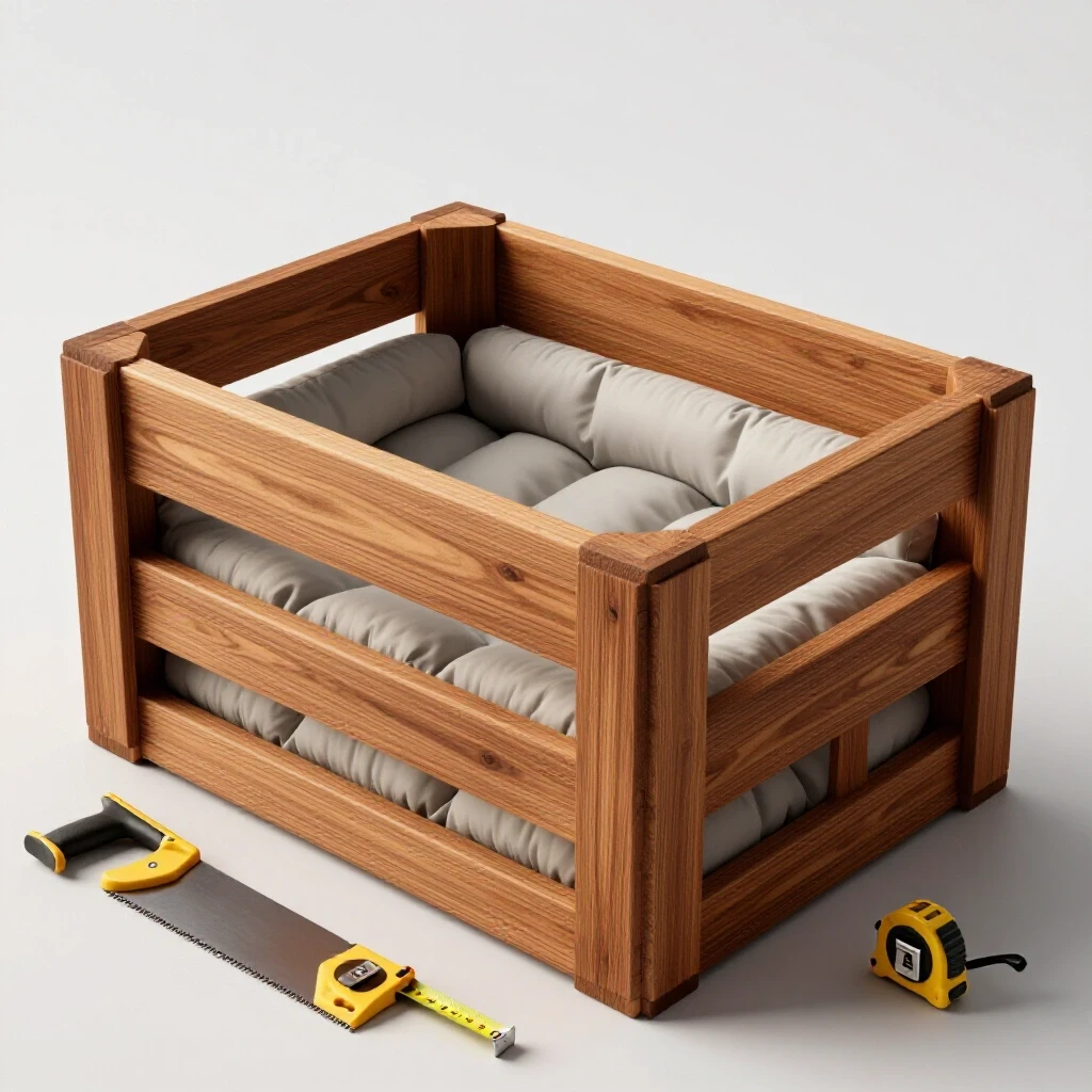 A partially constructed wooden shipping crate with padded parts inside, complemented by tools like a saw and measuring tape in the foreground.