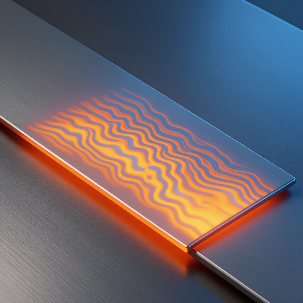 Close-up of a thin metal sheet heating at one edge with heat distortion, against a flat metal background.