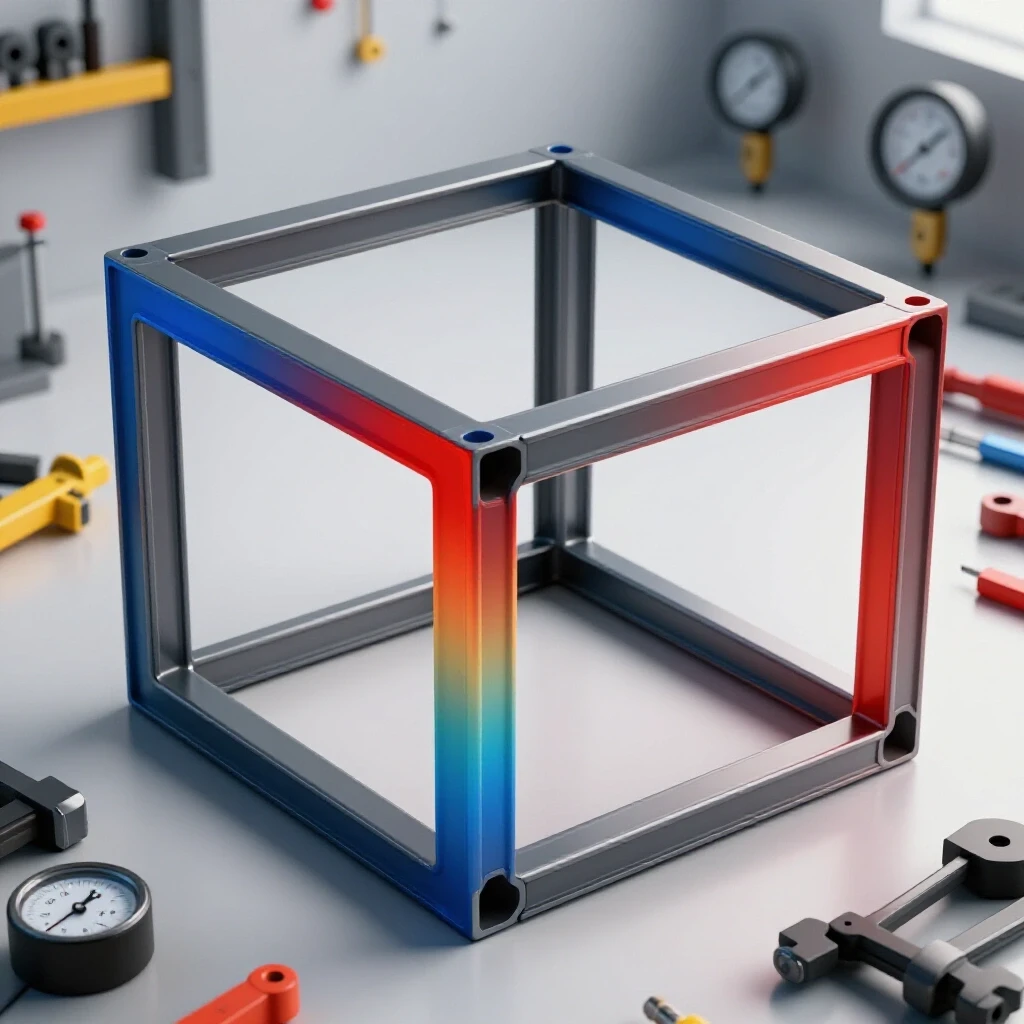 3D illustration of a square tube frame showing heat expansion with blue-to-red gradient, surrounded by tools and gauges.