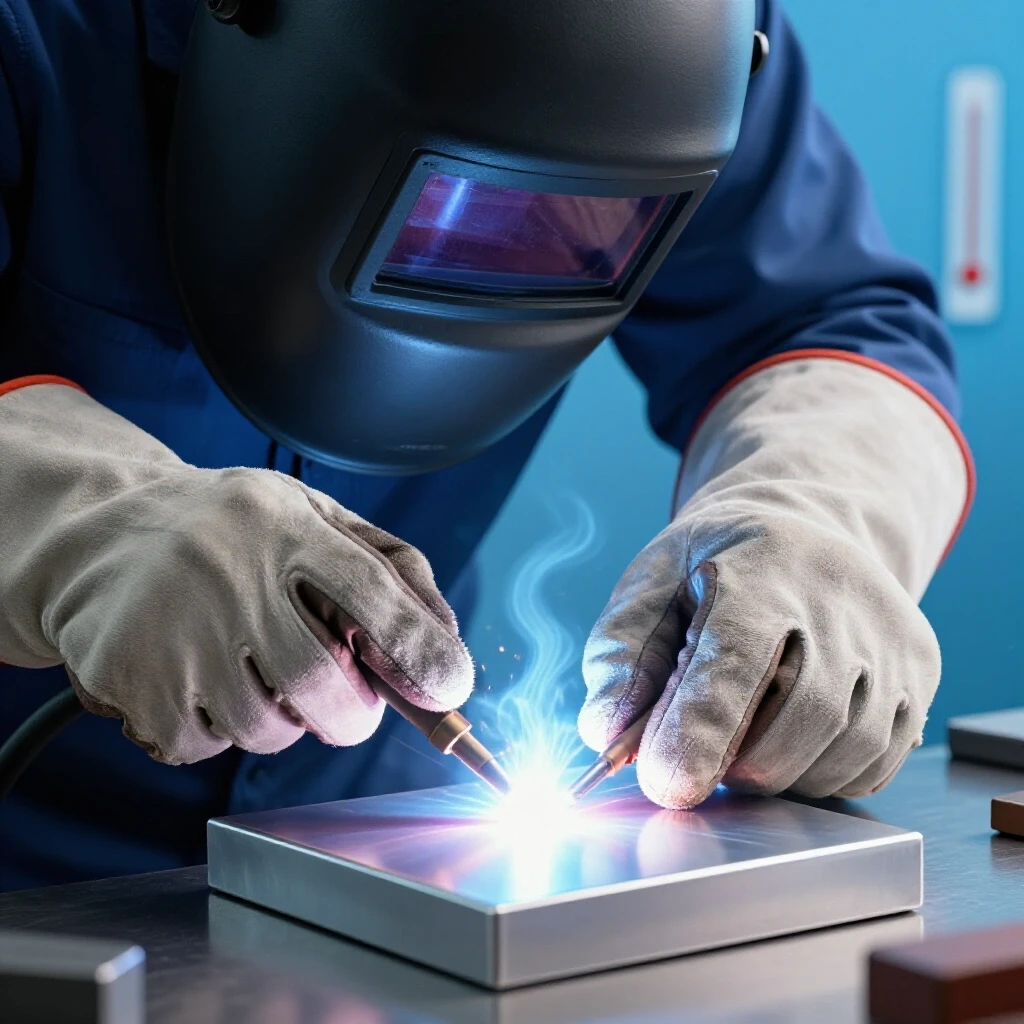 A close-up of a welder's hands handling a glowing aluminum piece with cool blue tones in the background representing heat control.