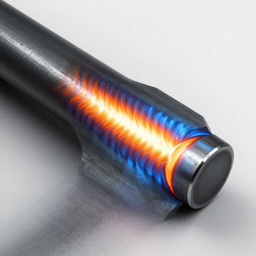 A close-up of a glowing welded steel part showcasing a fiery orange weld area cooling to blue, highlighting temperature changes.