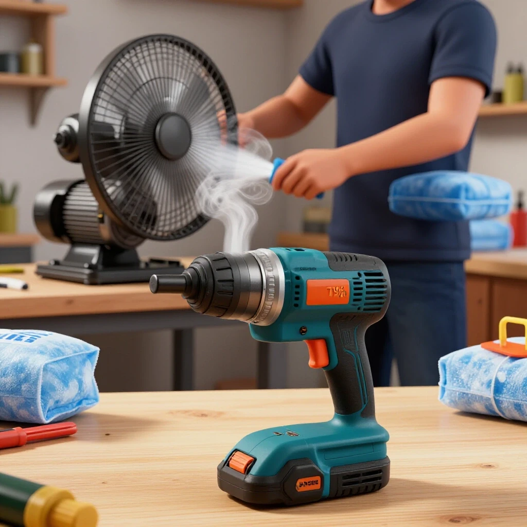 A bright workshop scene with a steaming power tool in the center, showcasing methods to cool motors with fans and ice packs.