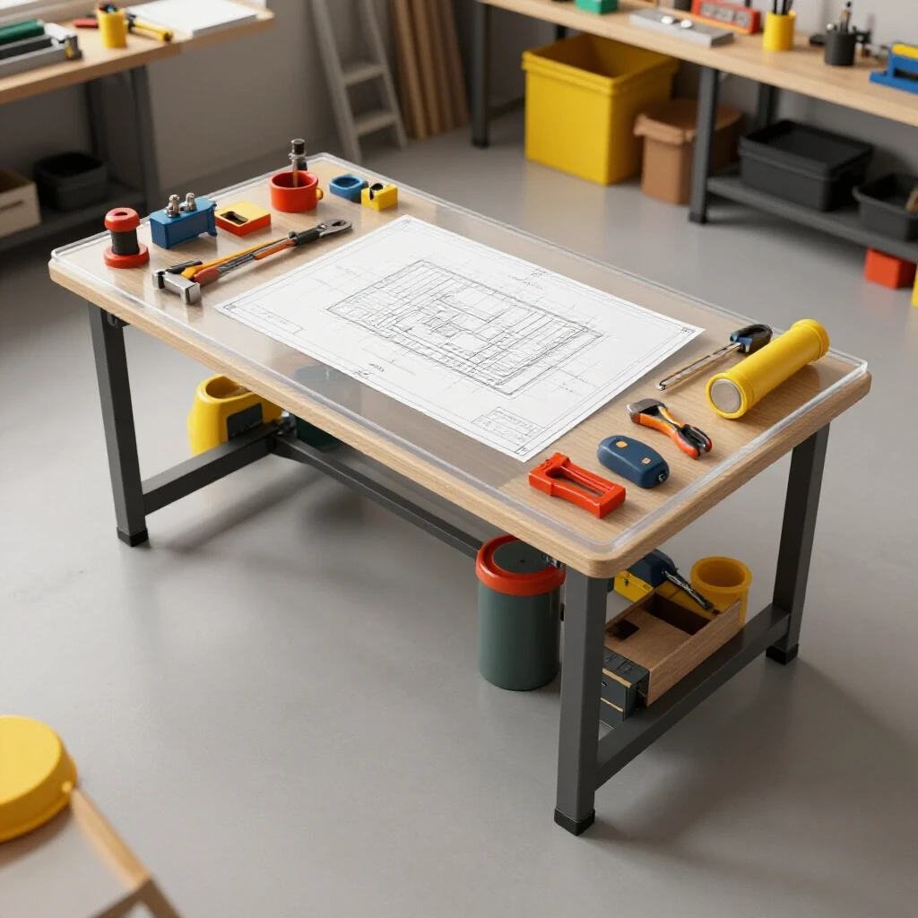 A vibrant workshop scene featuring a central workbench with tools and a detailed blueprint, highlighting custom fabrication budgeting.