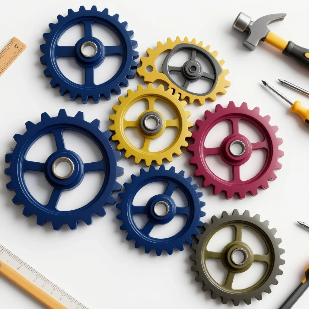 Intricate 3D-rendered gears depict a DIY project assembly process, vibrant colors showcasing progression.
