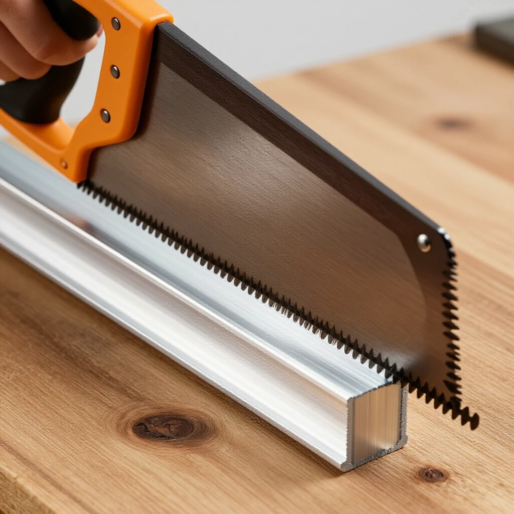 A handsaw cutting through a shiny aluminum extrusion on a wooden workbench, emphasizing precision and craftsmanship.