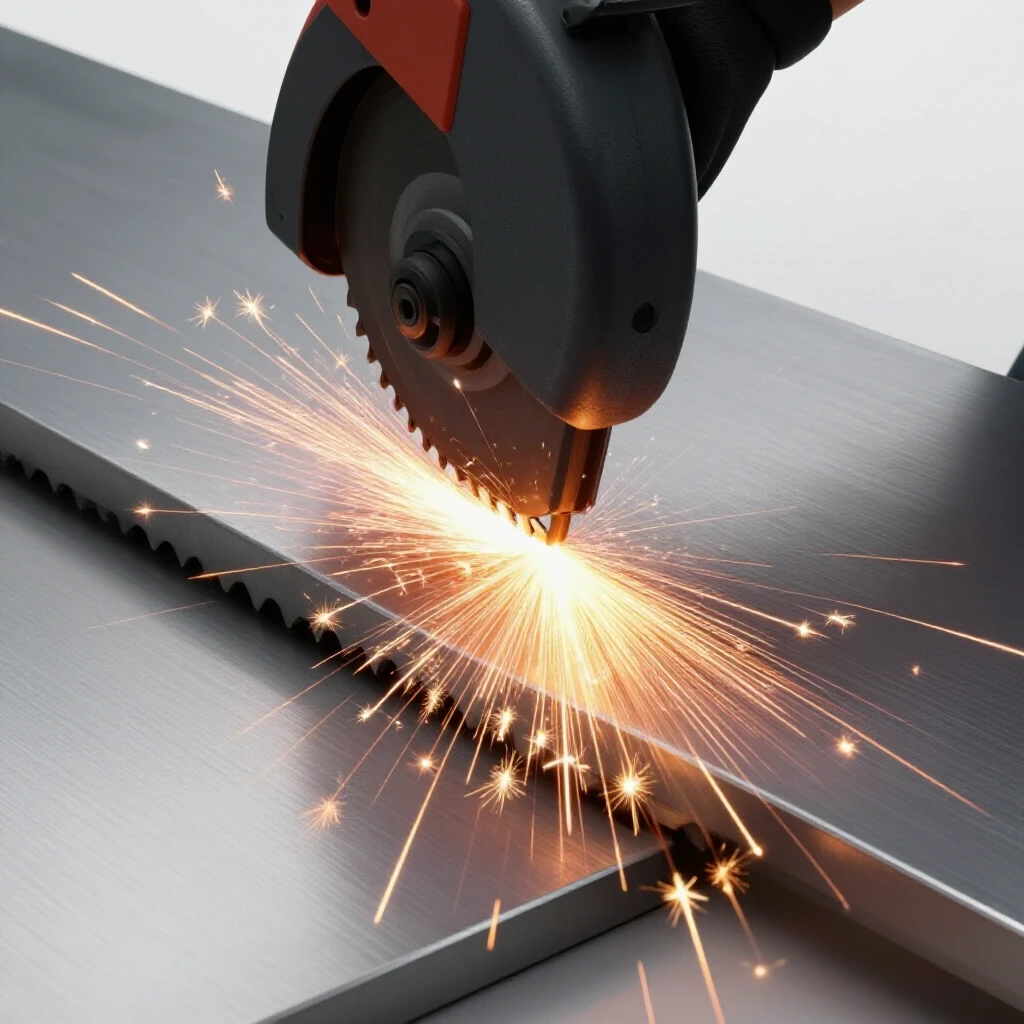 A close-up of a spark-emitting tool cutting through a thick steel plate, showcasing intensity and precision in a bright workshop.