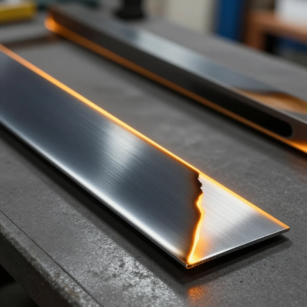 A close-up view of a shiny, clean-cut edge of thin sheet steel with burned edges blurred in the background.