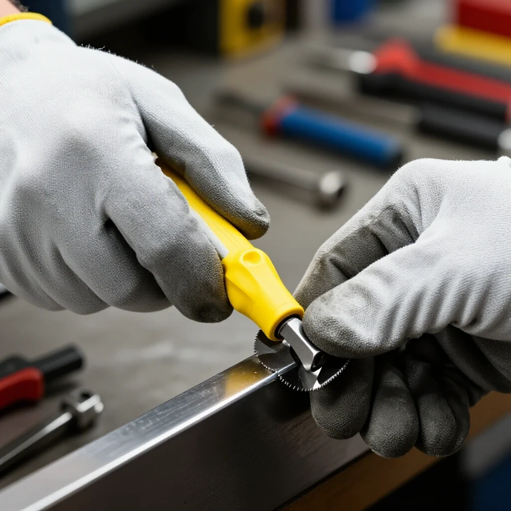 Close-up of gloved hands deburring a shiny metal edge with a brightly colored deburring tool, set in a blurred workshop.