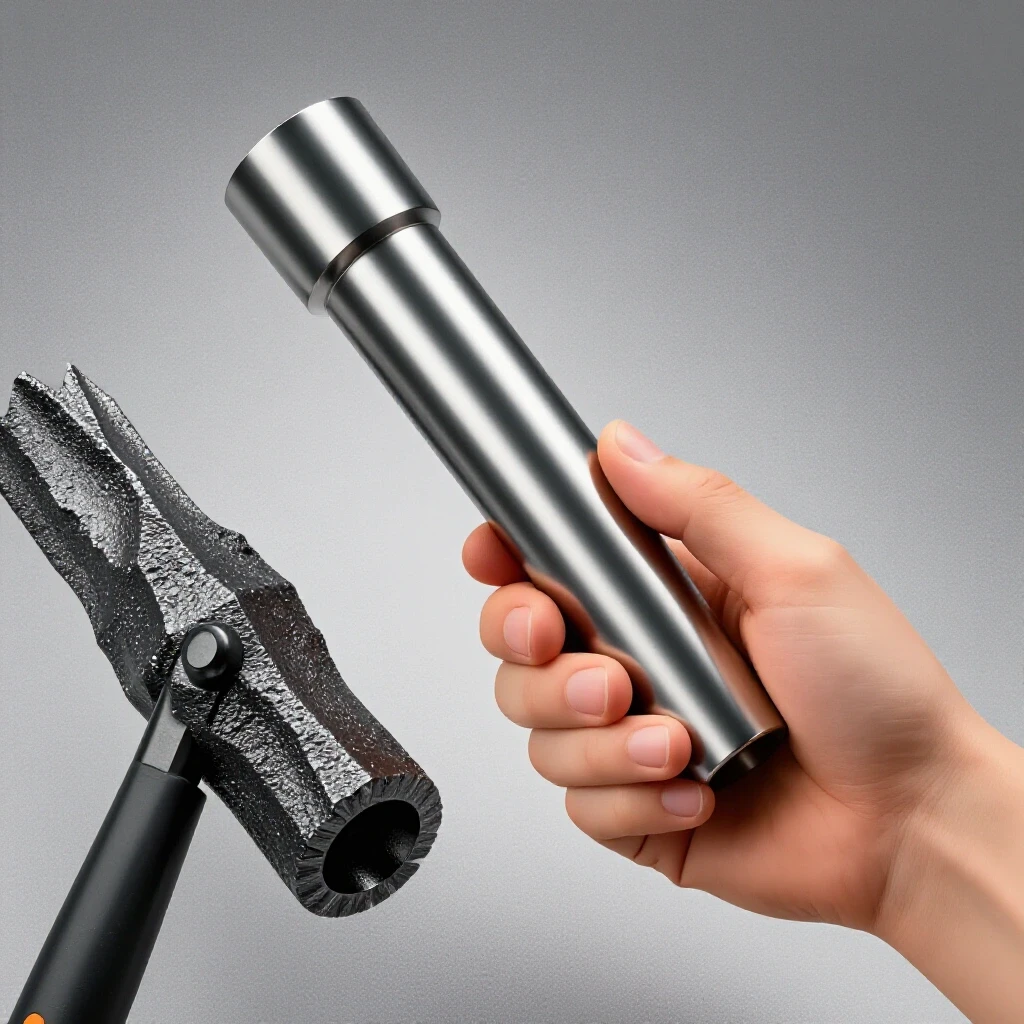 A close-up of a polished metal pipe held in a hand alongside a rough deburring tool, highlighting metalwork refinement.