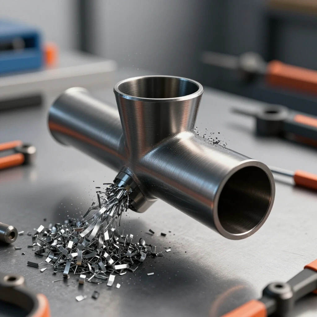 A close-up of a metallic pipe being deburred with shavings flying off, set against a blurred workshop background.
