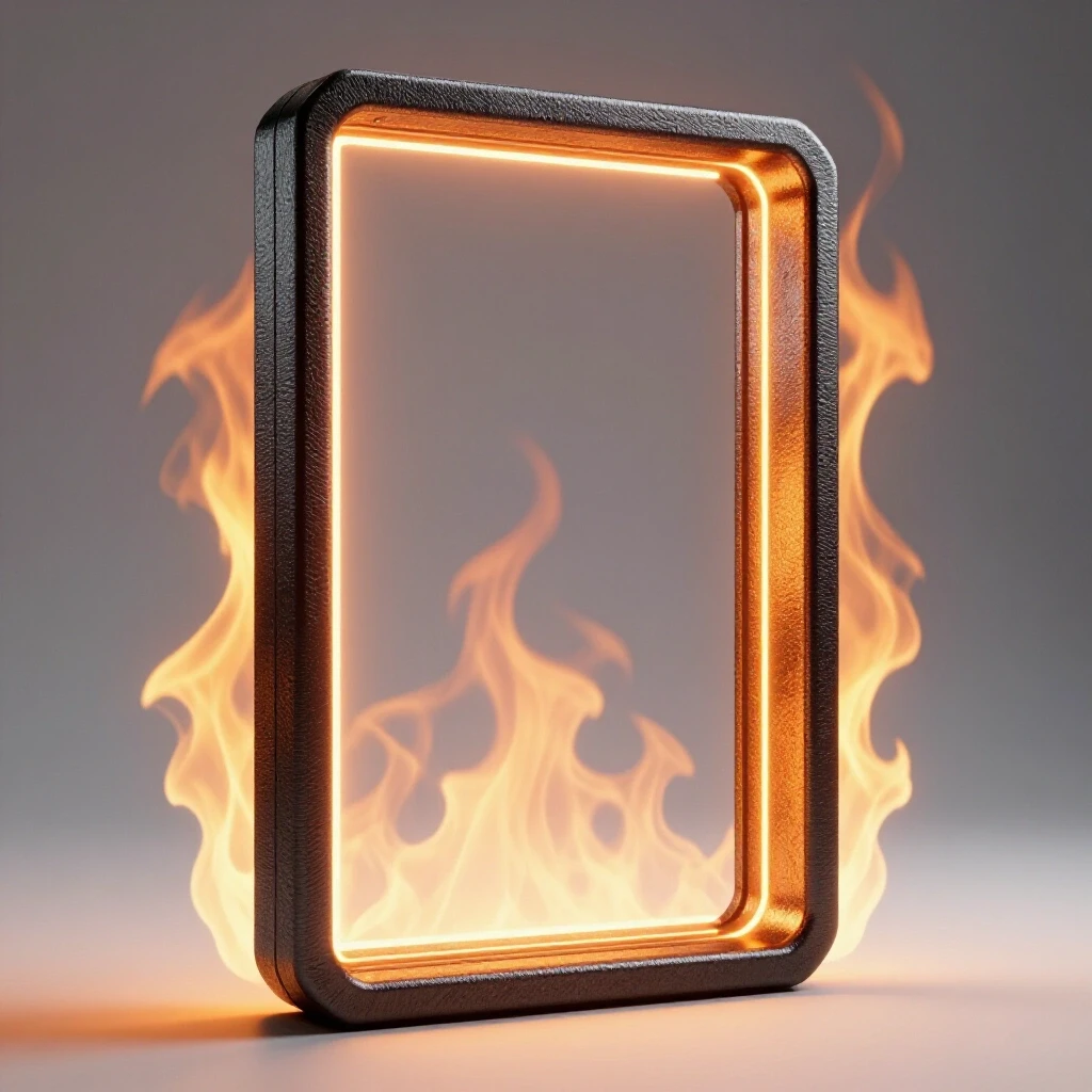 A glowing steel frame illuminated by flames, showcasing design for high heat applications with rich colors.