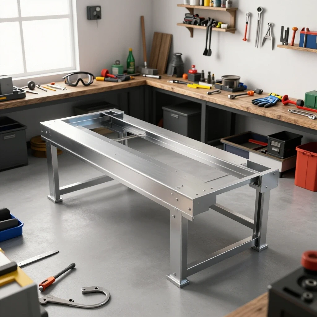 A bright workshop scene featuring a sleek metal project surrounded by essential tools, illustrating safety in metal fabrication.
