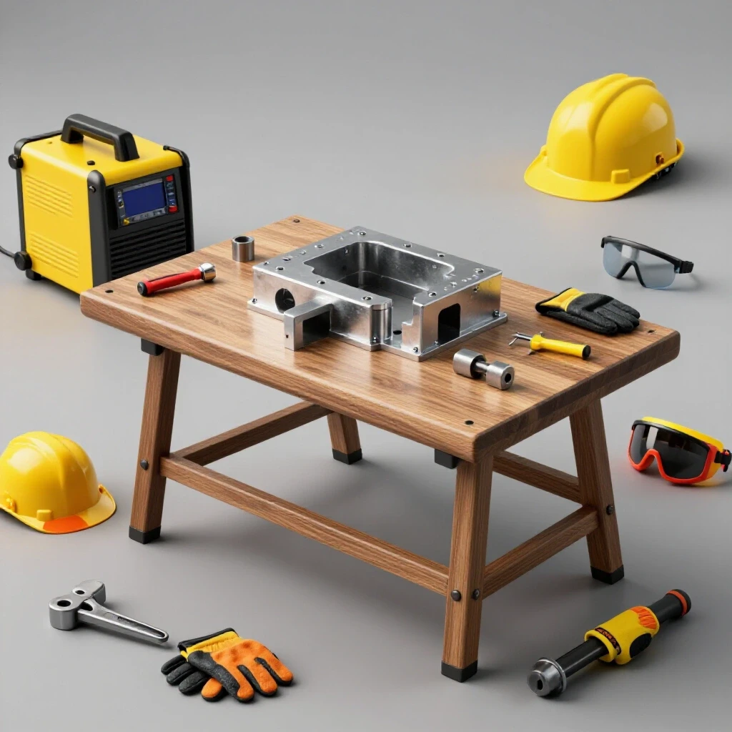 A well-lit workshop scene showcasing a metal prototype on a workbench, surrounded by essential welding tools and safety gear.