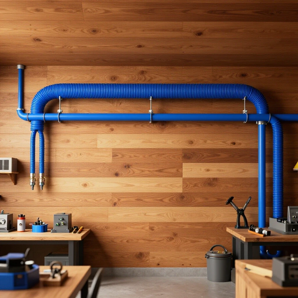 A bright workshop showcasing an organized air line system with vibrant blue overhead piping against rustic wood.