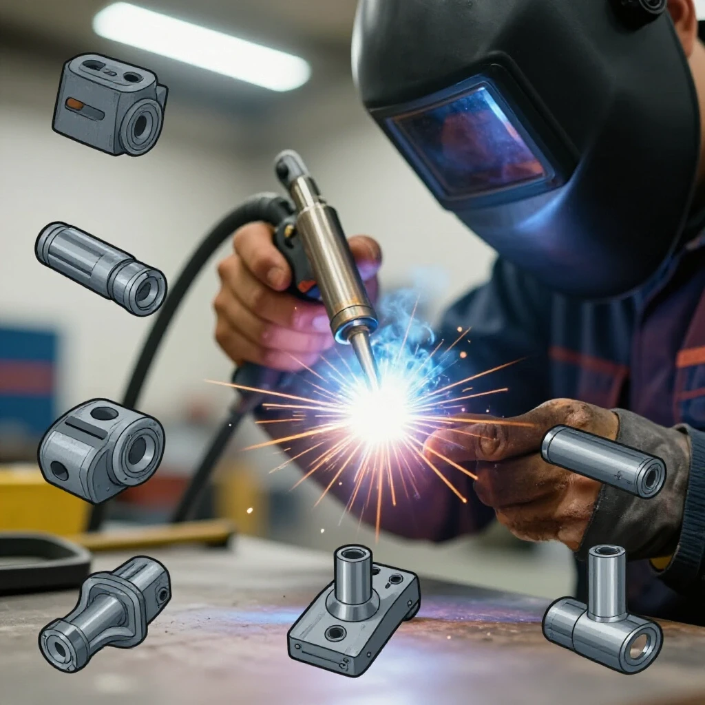 A welder's hand skillfully using a torch, surrounded by vibrant welding joints, set in a blurred workshop background.