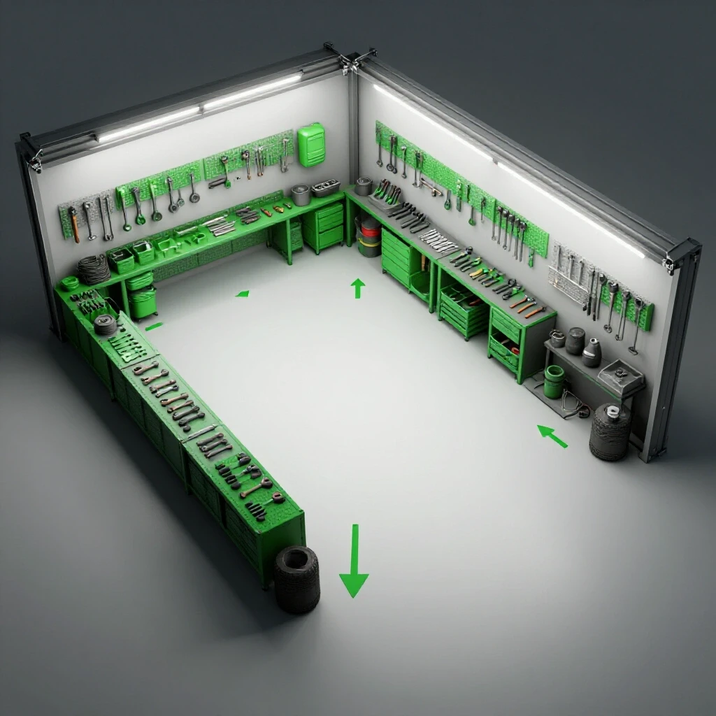 A brightly lit garage workshop divided into clean and cluttered zones with organized tools and vibrant colors.