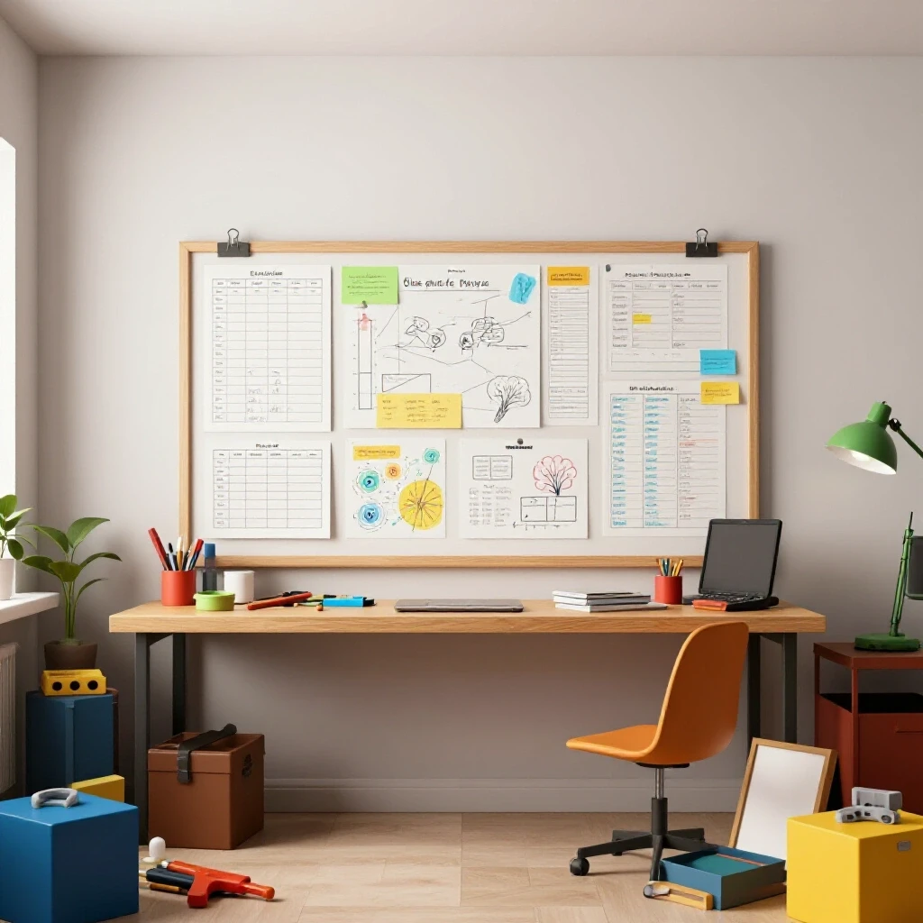 A vibrant workspace showcasing a project planning board surrounded by colorful tools and materials, emphasizing organization and planning.