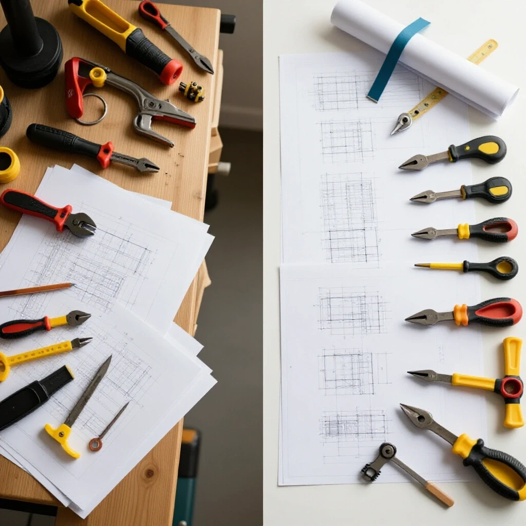 A split-screen image showing a chaotic workbench with messy fabrication drawings and tools on one side and an organized workspace with clear drawings and tools on the other side.