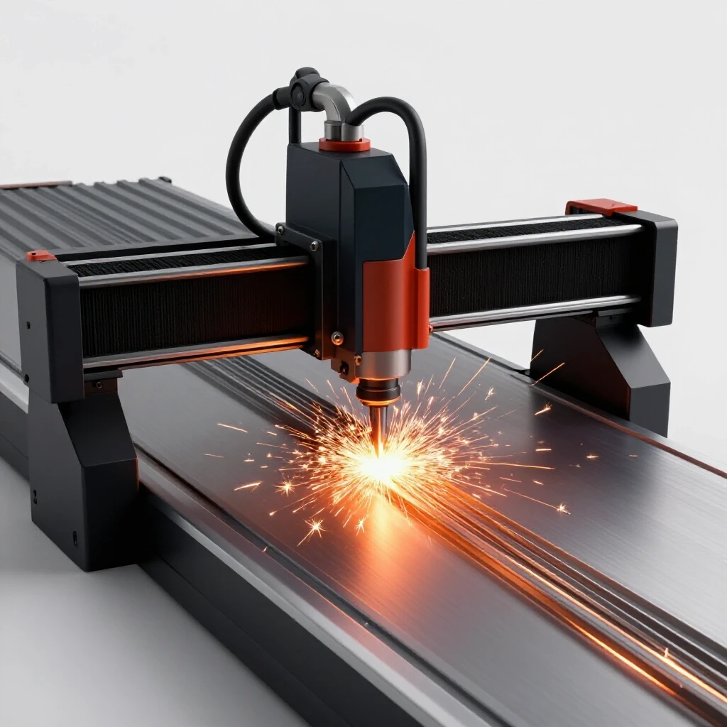 Close-up of a CNC plasma cutter in action, with vivid sparks flying and precise toolpaths etched on metal surfaces.