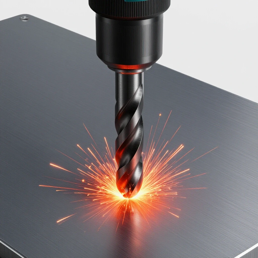 A powerful drill bit successfully piercing a thick steel plate with sparks flying, showcasing action and intensity.