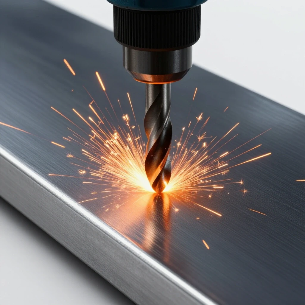 Close-up of a drill bit penetrating hardened steel with sparks, showcasing drilling intensity and precision.