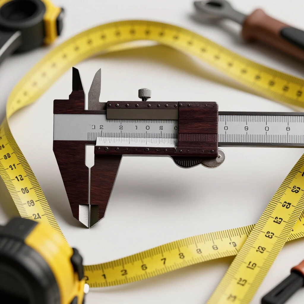 A precision caliper positioned against a distorted tape measure on a bright workshop background, illustrating measurement accuracy versus pitfalls.
