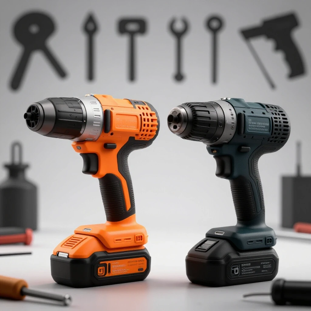 A vibrant and fully charged cordless power tool contrasts with a drained tool, emphasizing battery management efficiency in a well-lit workshop setting.