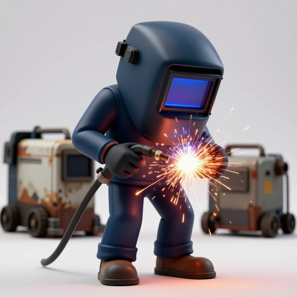 A polished MIG or TIG welder surrounded by glowing sparks, with a faded welder in the background symbolizing neglect.