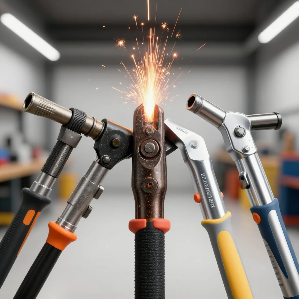Close-up of worn and new welding torch and cutting tool in a bright workshop with sparks flying.