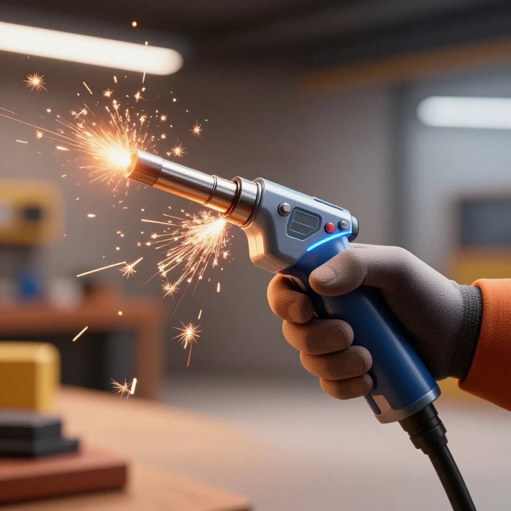 Close-up of a hand guiding TIG welding filler wire through a glowing torch with sparks flying.