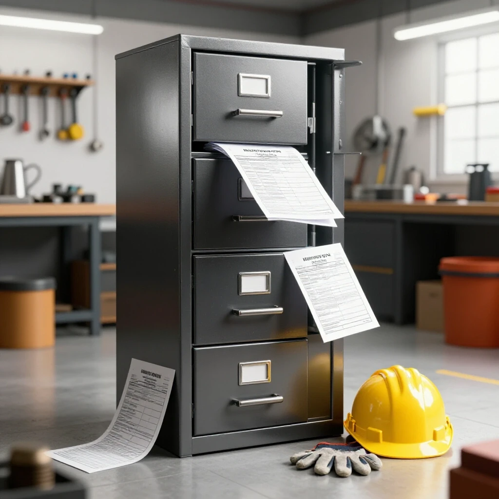 3D-rendered steel filing cabinet with steel mill test reports spilling out against a bright workshop background with tools.