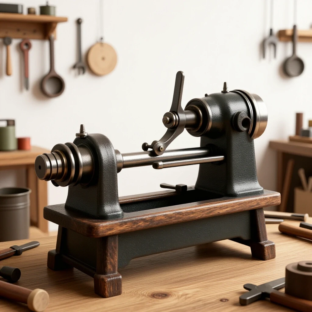 A vintage machine tool in a rustic workshop setting surrounded by various DIY tools and materials, evoking nostalgia.