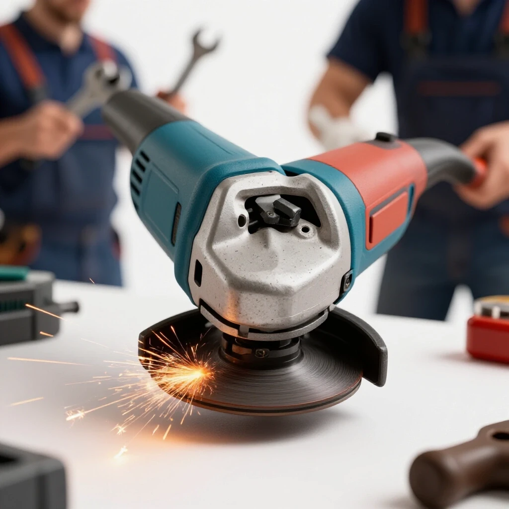 Close-up of a worn angle grinder with sparks flying, portraying the action of DIY repair work in bright lighting.