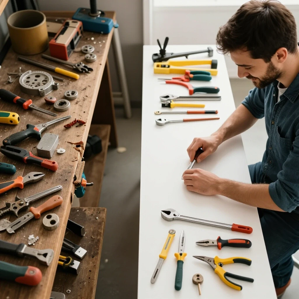 A split image showing a chaotic, cluttered workspace contrasted with a bright, organized workshop featuring shiny tools.