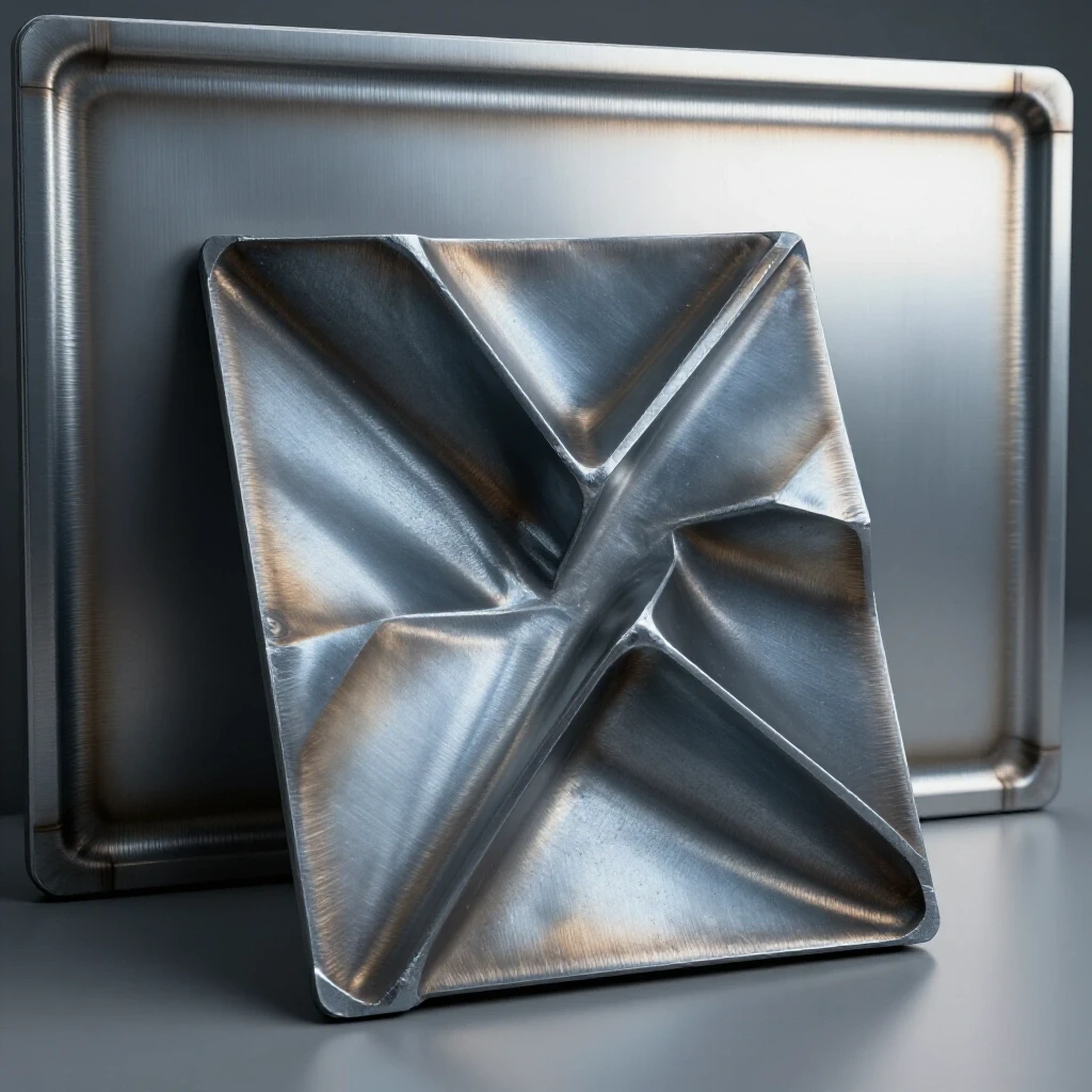 Close-up of a distorted welded steel panel in foreground contrasted by a smooth panel in background, showcasing repair techniques.