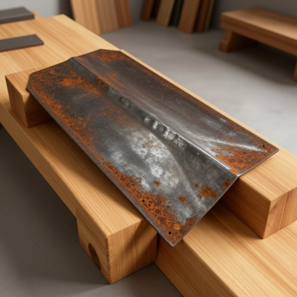 Close-up of a warped sheet metal panel being pressed flat between wooden blocks in a workshop.