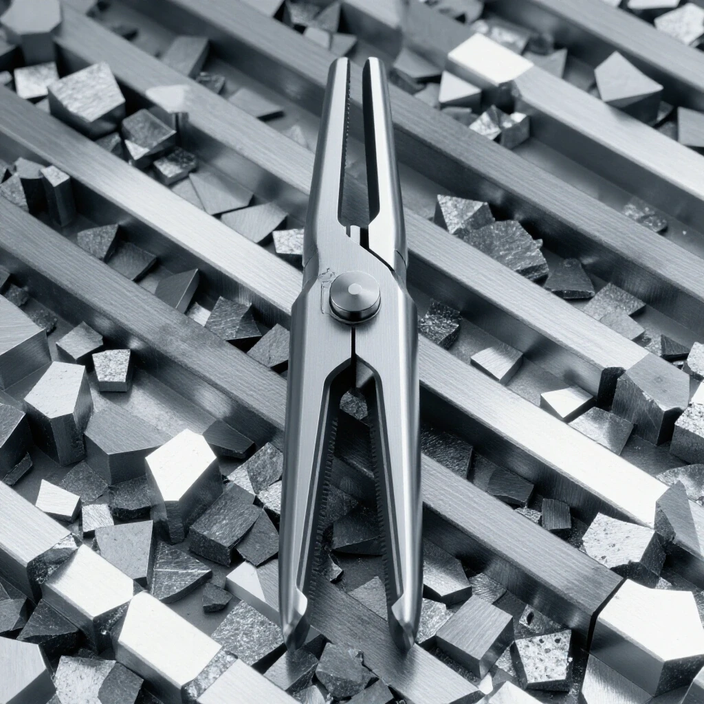 Close-up of a precision cutting tool surrounded by shiny metal shavings, showcasing craftsmanship in metalworking.