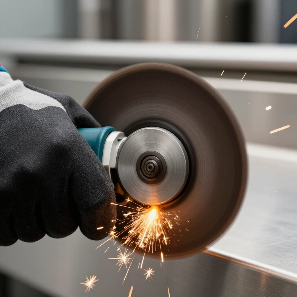 Close-up of a gloved hand using a grinding tool, with sparks flying against polished stainless steel background.