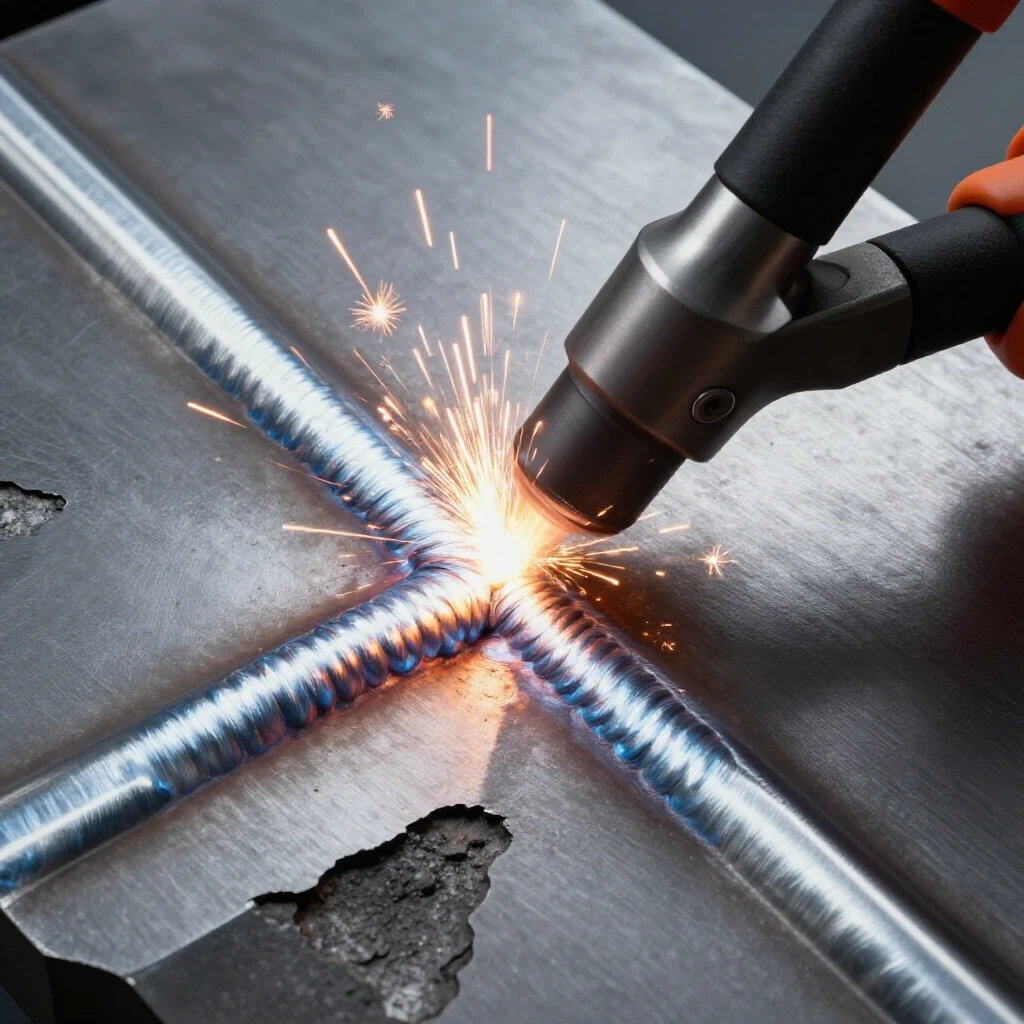 Close-up of a metalwork surface with shiny welds and rough areas, featuring a grinding tool in action sending sparks flying.