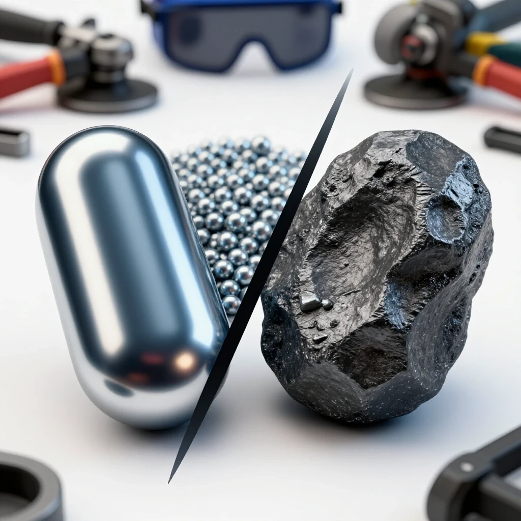 A polished welding bead contrasted with a rough, defective bead, with tools in the background, showcasing repair techniques.