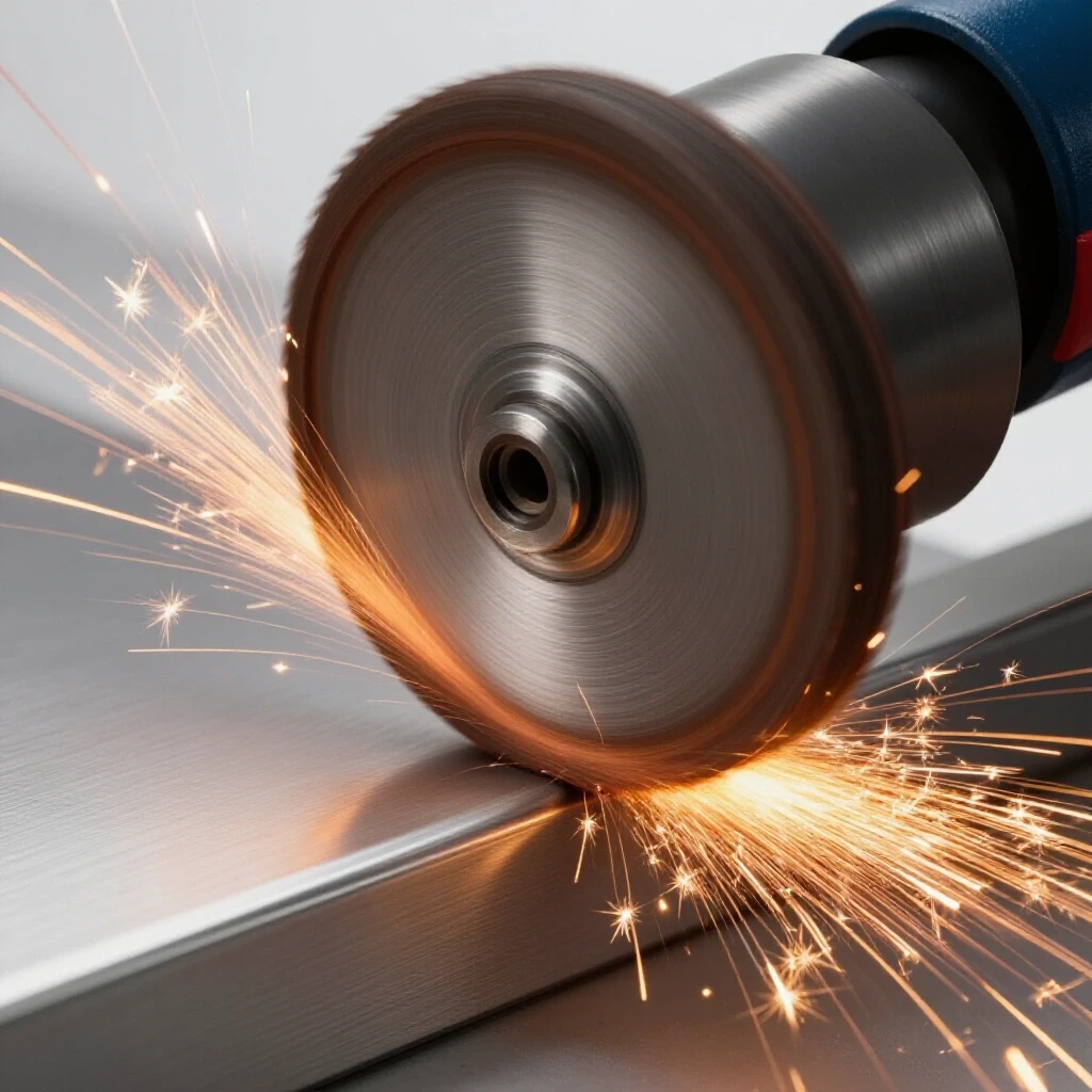 A close-up of a grinding wheel cutting stainless steel, with sparks flying, showcasing the grinding action.
