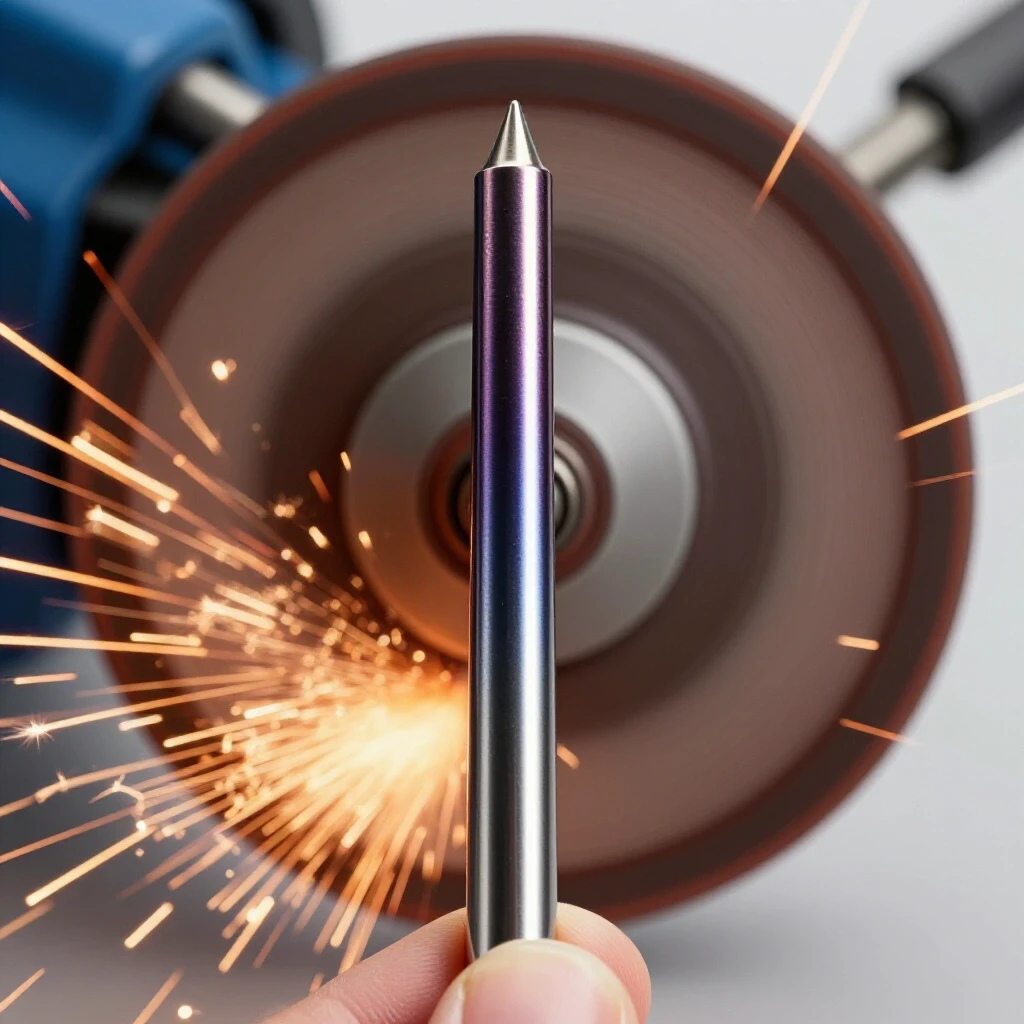 Close-up of a hand holding a tungsten electrode with a blurred grinding wheel and sparks flying in the background.