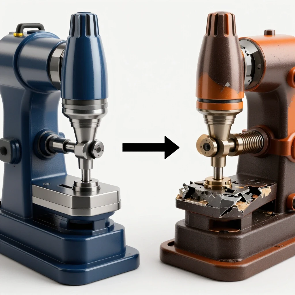 A shiny machine tool contrasted with a damaged counterpart, illustrating recovery in freight shipping.