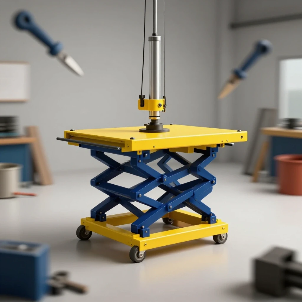 A vibrant hydraulic lift table in motion with tools and materials arranged around it, showcasing productivity in a workshop.