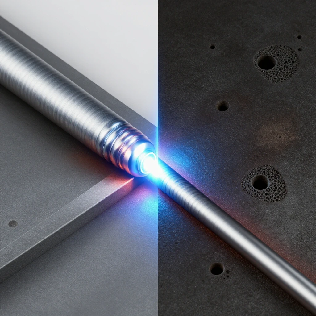 Split view image contrasting a pristine aluminum TIG weld against close-up defects in subdued colors, highlighting quality vs imperfections.