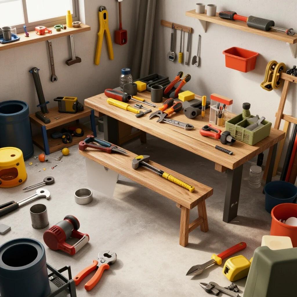 A cluttered workshop showcasing an organized area of tools amidst shadowy corners representing hidden waste.