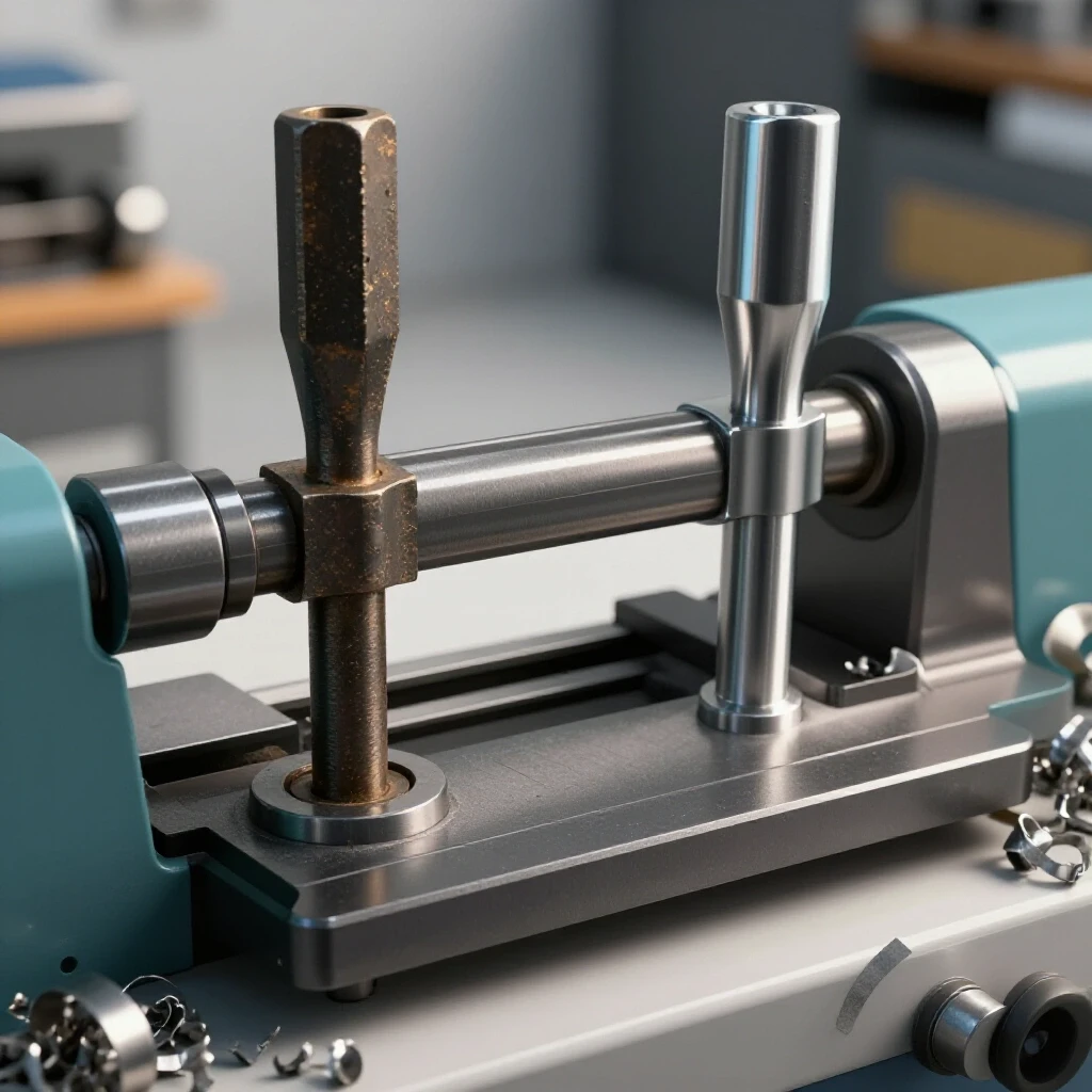 Close-up of a metal lathe featuring a worn tool and a shiny new tool, set against a blurred background of metal shavings.